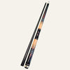 Close Up of TJ carbon fibre 2 piece light orange and blue geometric patterned pool cue