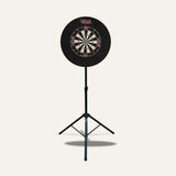 Portable dartboard tripod stand displayed with dartboard