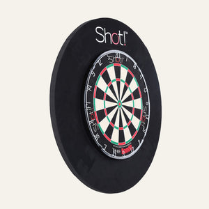 Shot 4 piece dartboard surround displayed with dartboard